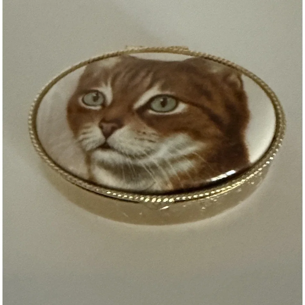 Orange Tabby Kitty Cat Trinket Box Pill Box Miniature Ceramic Top Gold Tone